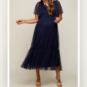 Navy Blue Dotted Tulle Smocked Maternity Midi Dress